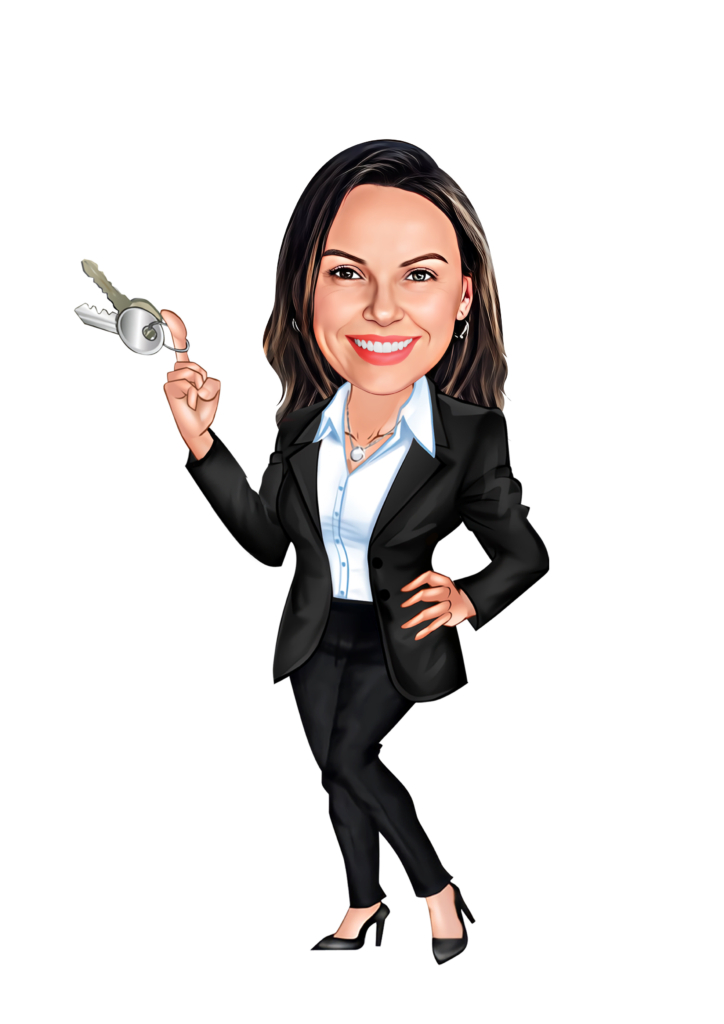 A caricature of a confident businesswoman holding a key.