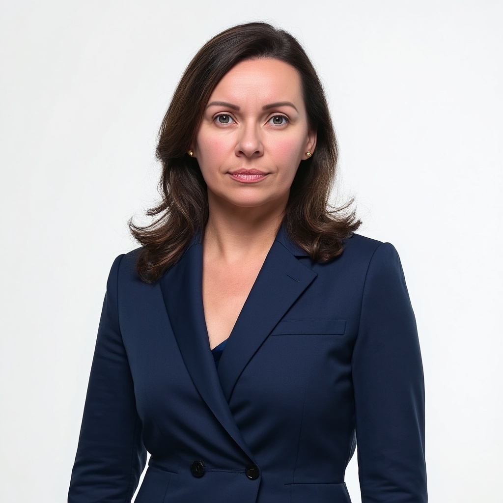 Professional woman in a navy blazer posing against a white background.